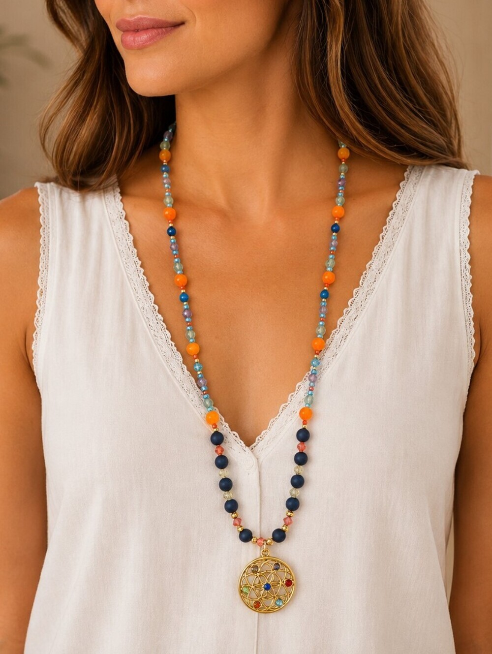 HANDMADE Rainbow Swarovski Crystal Lapis Aventurine Mandala Chakra Necklace